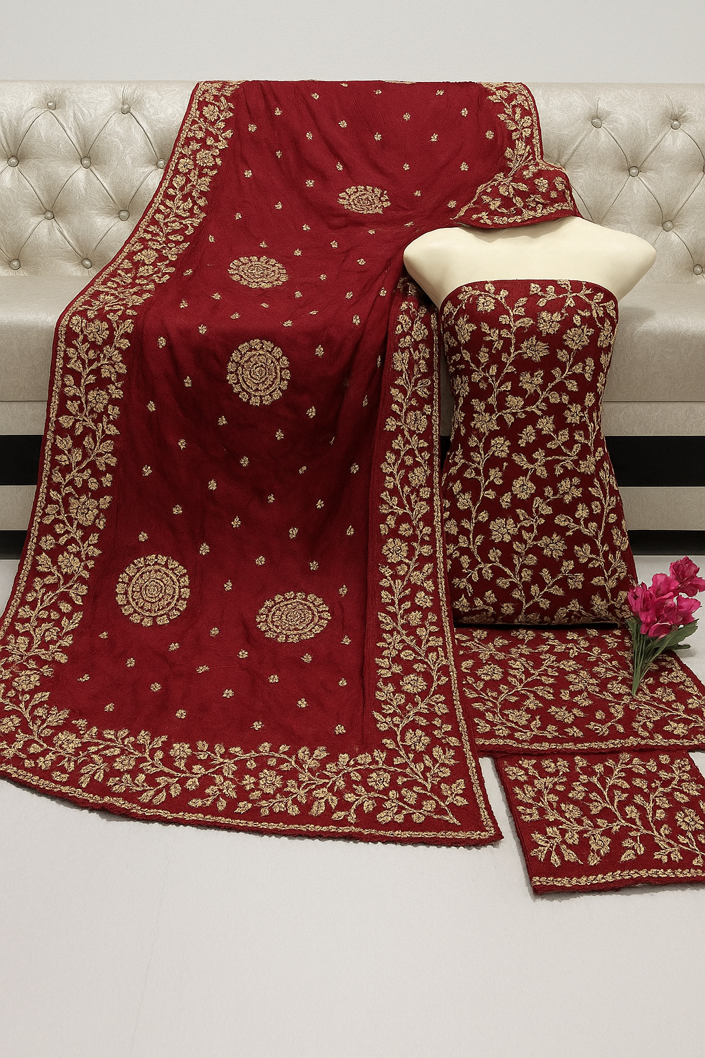 Pure Red Shaffon shirt dupatta four border lcd gota.