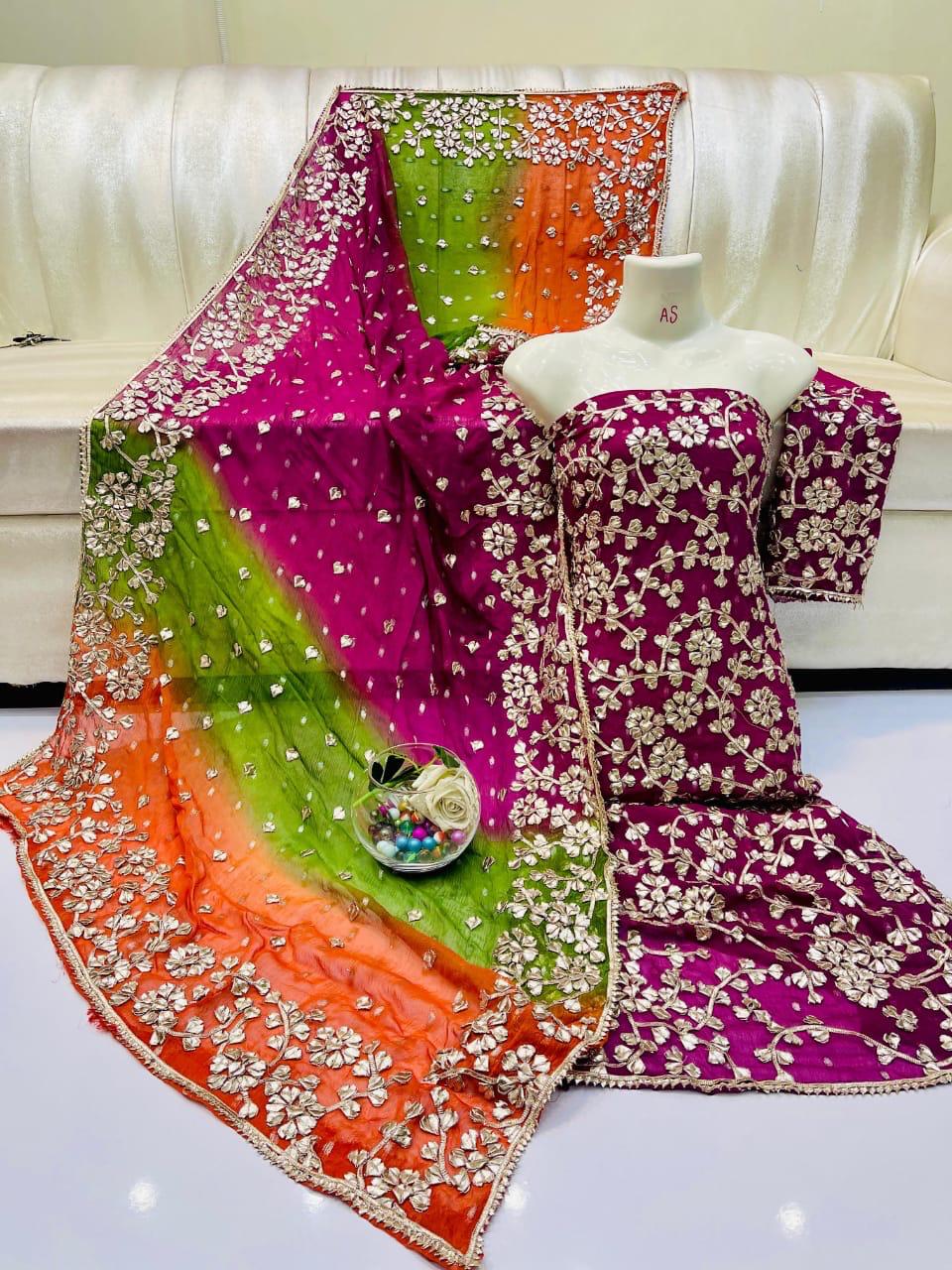 Pure Shaffon shirt dupatta four border lcd gota.