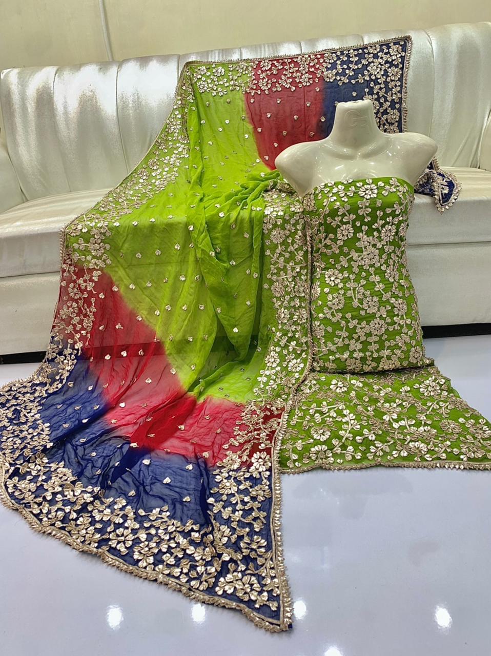Pure Shaffon shirt dupatta four border lcd gota.