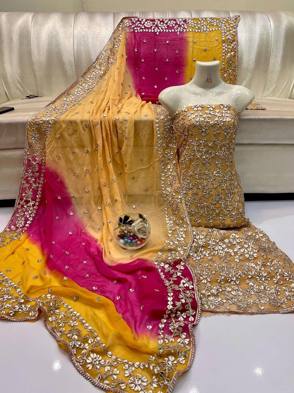 Pure Shaffon shirt dupatta four border lcd gota.