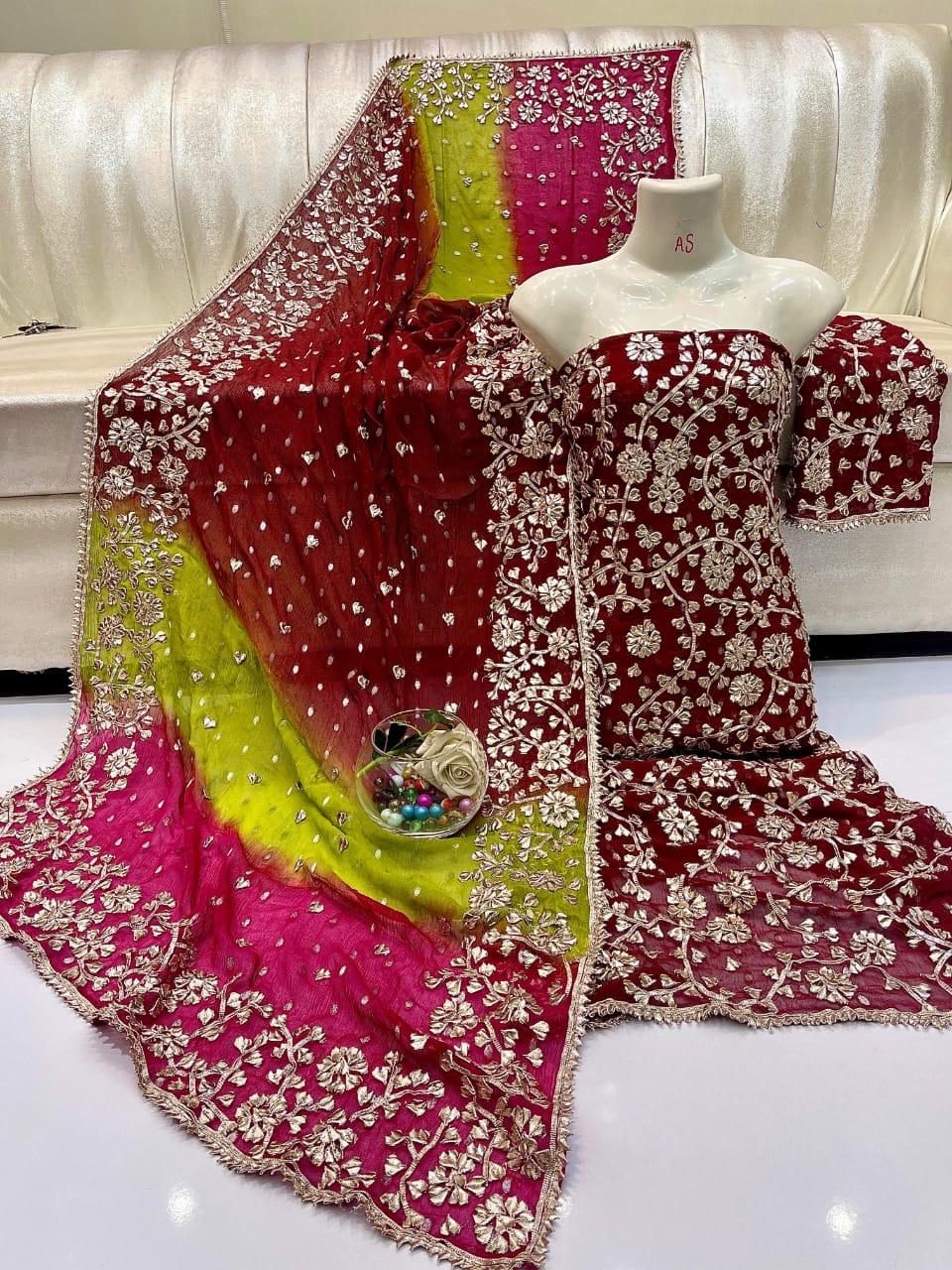 Pure Shaffon shirt dupatta four border lcd gota.