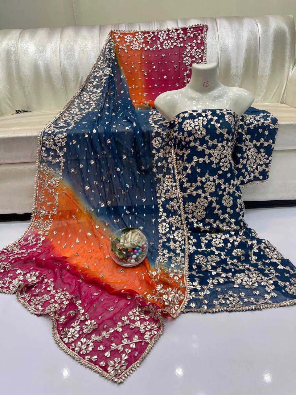 Pure Shaffon shirt dupatta four border lcd gota.
