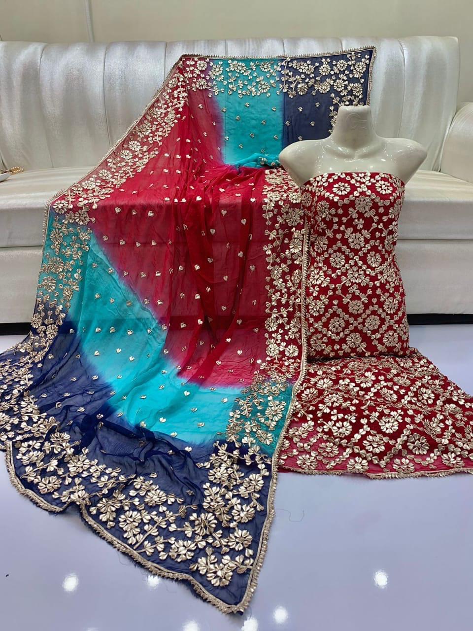 Pure Shaffon shirt dupatta four border lcd gota.