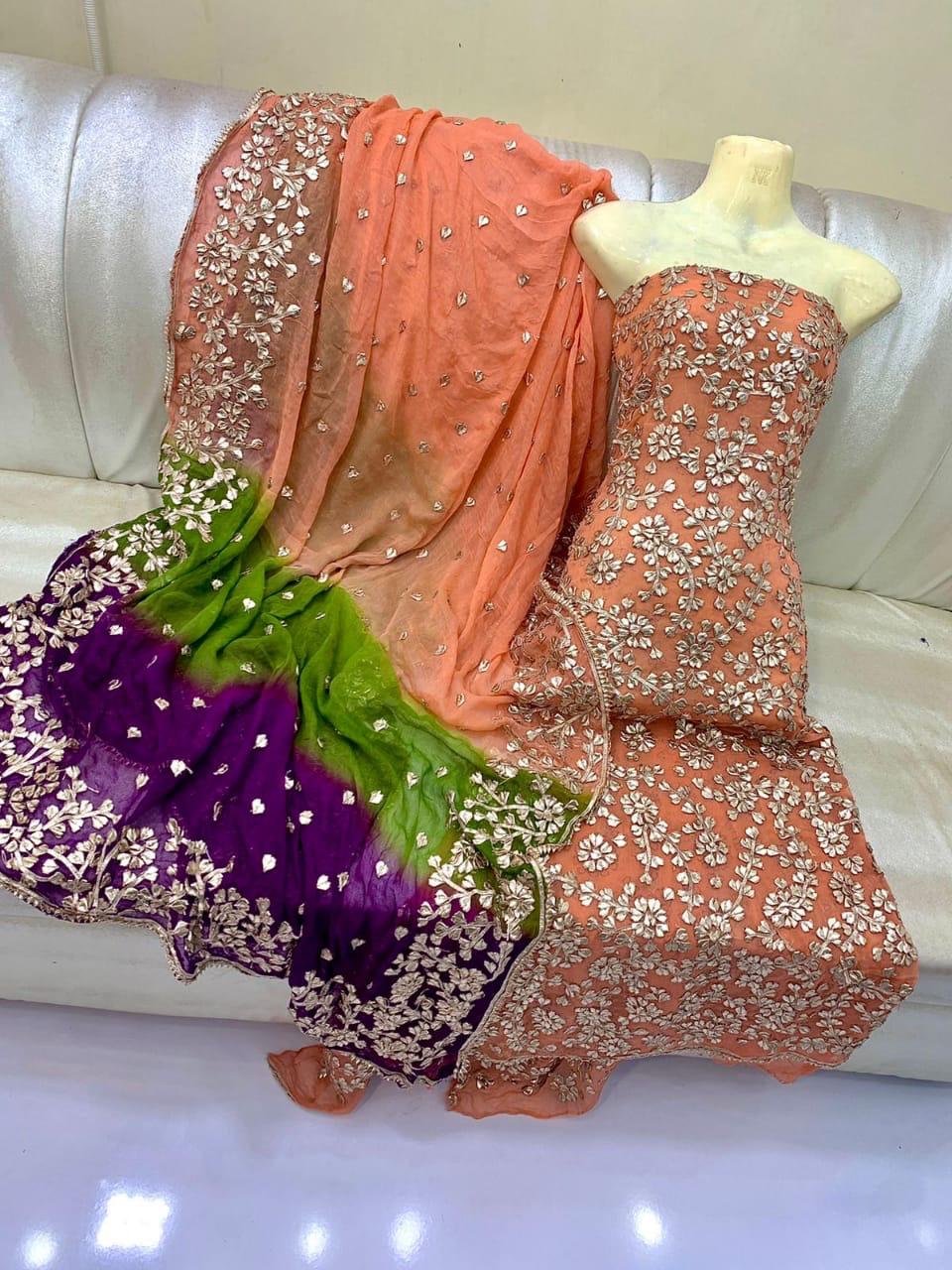 Pure  Shaffon shirt dupatta four border lcd gota.