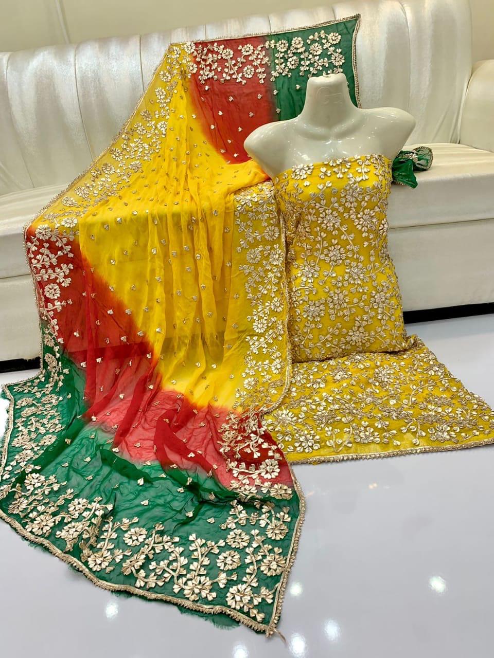 Pure  Shaffon shirt dupatta four border lcd gota.