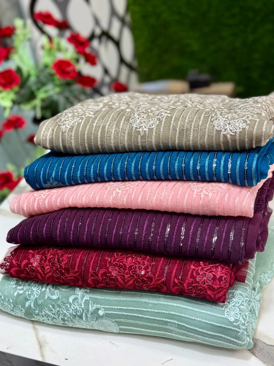 Self embroidery works with sequins 
soft Bamber chiffon